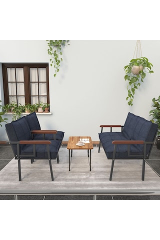 Mygusi Modern Balkon, Bahçe, Cafe - Metal Kanepe Koltuk Takımı - 2+1+1 Sehbalı Lacivert