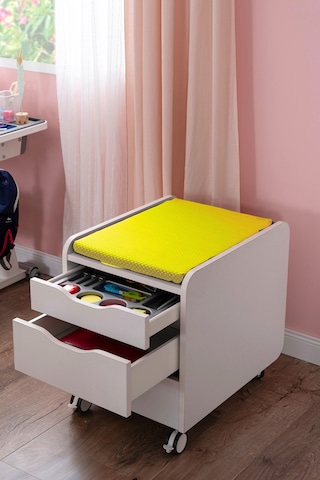 Creo Mobili Çekmeceli Tekerlekli Sirius Keson, Oturulabilir Ofis Ve Ev Komodini, Ekru/sarı