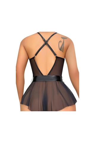 Lily Biancaa Kadın Dantelli Beli Kuşaklı Tül Babydoll Fantezi Gecelik Siyah