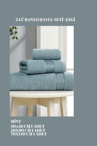 3 Parça Ekonomik Banyo Havlu Seti Pamuklu Ezgi Mint