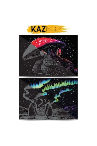 Ayrex Kazboz Kazıma Sanatı Seti, Hayvanlar Temalı, Kağıt, 205x290 Mm, Ahşap Kalem Dahil Diğer