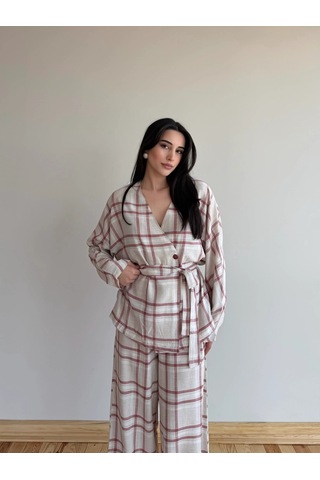 Laluvia Kırmızı Ekose Kimono Şalvar Takım - 0993