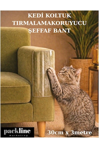 Packline Marketing Kedi Koltuk Tırmalama Koruyucu Şeffaf Yapışkanlı Mobilya Tırmalama Önleyici Bandı 30cm X 3metre