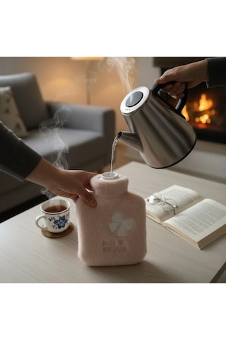 Hello Everyone Yazılı Kurdeleli Pembe Peluş Sıcak Su Torbası 1 Lt Yumuşak Kılıf, Uzun Süre Sıcak Tutan Termal Su Torbası Bx40