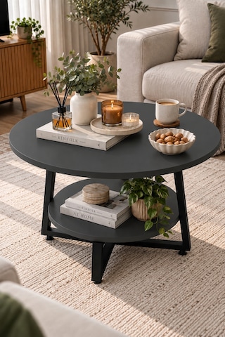 Yuvarlak Orta Sehpa 69,5 Cm İki Katlı Raflı Metal Ayaklı Modern Dekoratif Salon Sehpası Antrasit