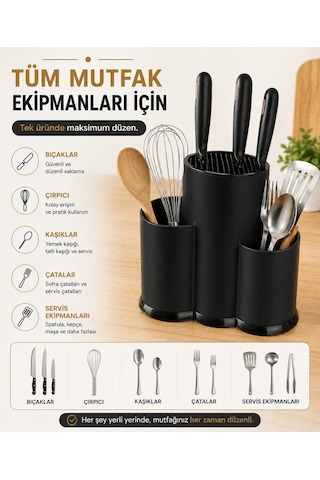 Tezgah Üstü Bölmeli Bıçaklık - Kaşık Kepçe Bıçak Standı Mutfak Düzenleyici Organizer Kaşıklık Siyah S-10137