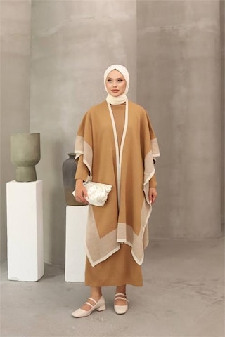 Neşeli Butik Kadın Triko Pelerin Detaylı Tesettür Elbise Nms018 Hardal