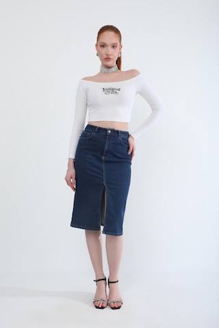 Banny Jeans Önden Yırtmaçlı Likralı Midi Jean Etek Koyu Mavi