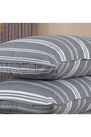 Pamuklu İpliği Boyalı Yıkamalı Kapaklı Yastık Kılıfı 2 Li Set 50x70 Cm Çift İğne Detaylı Gri - Beyaz
