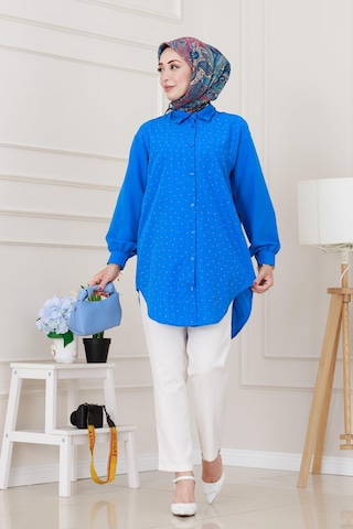 Sevitli Göğüsü Taş Detaylı Oversize Tunik-mavi-5228 Mavi