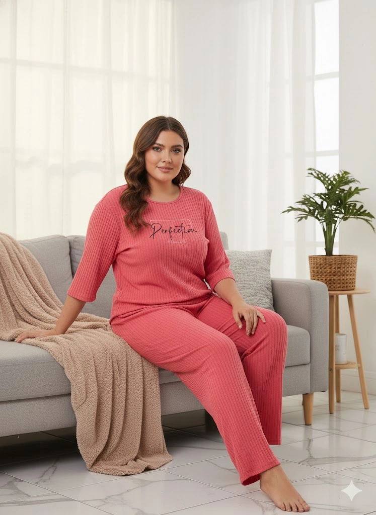 Kadın Pembe Büyük Beden Pijama Takım Narçiçeği