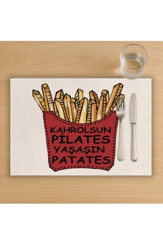 Yaşasın Patates Tasarımlı Amerikan Servis, Tabak Altlığı & Şık Masa Dekoru, Ev Hediyesi, 2 Adet Krem