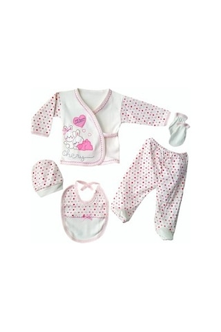 Bombinoo Tavşanlı 5 Parça Bebe Pembe Koton Zıbın Seti Pembe