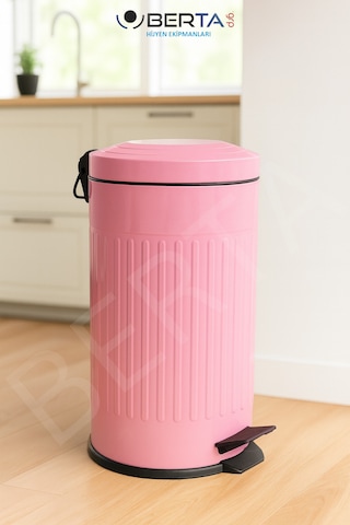 Vintage Krem Çöp Kovası Amortisörlü Kapak Çizgili Lüks Model 16lt Pembe