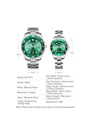 Yunboo Wlısth S526 Erkek情侣石英手表 - Yeşil Gümüş Kordon, Takvim, Gece Görünürlüğü, 30m Su Geçirmez, Tek Yönlü Döner Çember, Kadınlarla Eşleşir Çok Renkli