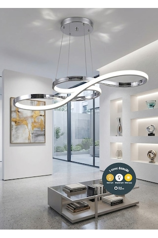 Infinity Krom Kıvrımlı Kumandalı Modern Led Avize 3 Renk Salon, Yemek Masası Ve Mutfak İçin Gümüş