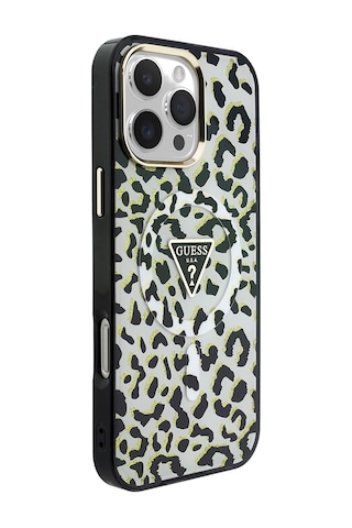 Apple Uyumlu iPhone 16 Pro Max Kılıf Guess Lisanslı M-safeli Üçgen Logolu Simli Leopar Desenli Kapak Siyah