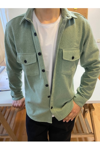 Su Yeşili Erkek Slim Fit Düğmeli Yaka Çift Cepli Düz Oduncu Gömlek Yeşil