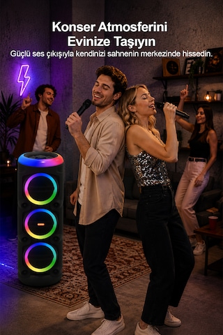 Taşınabilir Mikrofonlu 90w Led Işıklı Bluetooth Karaoke Hoparlör Seti