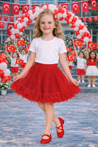 Her Şey Nota Kız Çocuk Kırmızı Fırfırlı Tül Etek Okul Ve Bayram Etkinlik 5-13 Yaş