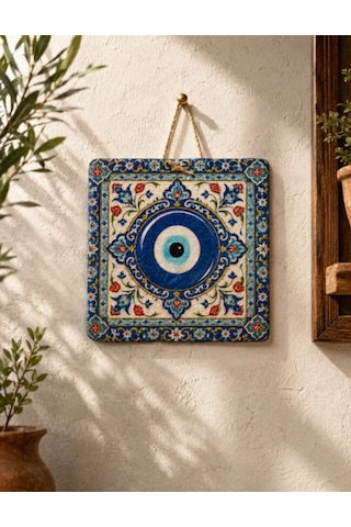Geleneksel Nazar Boncuğu Motifli 15x15 Cm Doğal Taş Dekoratif Duvar Süsü -