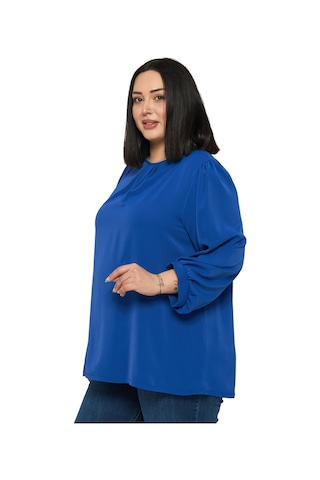 Disentis Modest Büyük Beden Yuvarlak Yaka Truvakar Büzgülü Kollu Rahat Kesim Saks Mavisi Bluz Saks Mavisi