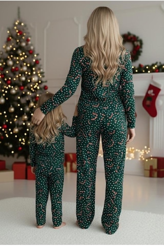 Siyah İnci %100 Pamuklu Puanlı Şeker Baston Desenli Yılbaşı Temalı Örme Pijama Takım Yeşil Puanlı Baston
