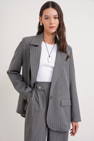 4753 Kadın Çizgili Oversize Blazer Ceket Gri Gri
