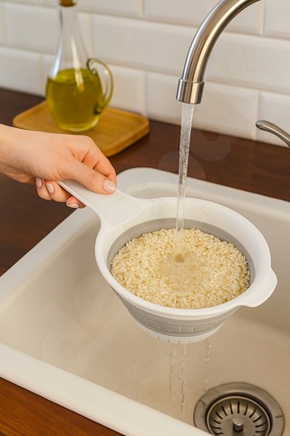 Yer Kaplamaz Katlanabilir Saplı Süzgeç - Akordiyon - Katlanır Süzgeç - Pirinç Meyve Yıkama Süzgeci Beyaz - Gri