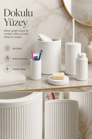 Modern Tasarımlı 5 Parça Banyo Aksesuar Seti Beyaz Renk Sabunluk Ve Fırçalık Dahil