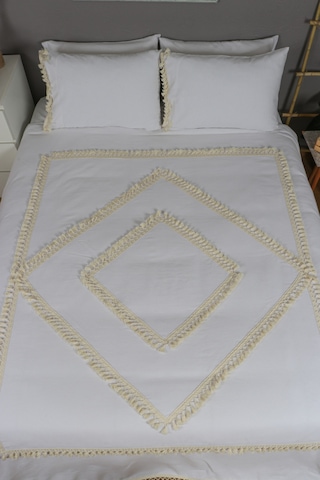 Dnc Home Tekstil Ndchome Beyaz Pamuk Keten Tek Kişilik Mozaik Ponponlu Yedek Yastıklı Nevresim Takımı