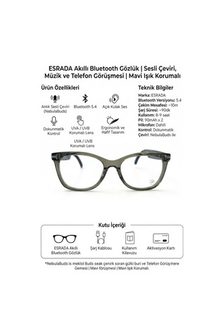 Esrada Akıllı Bluetooth Gözlük Sesli Çeviri, Müzik Ve Telefon Görüşmesi Mavi Işık Korumalı Es203 C04 50-18-140