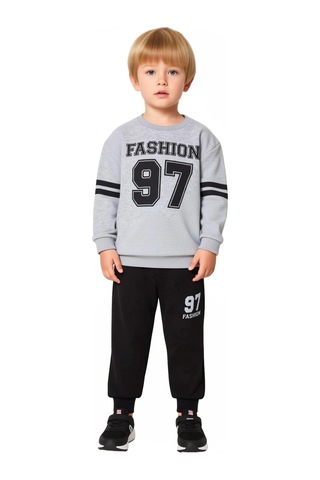 Frm Erkek Çocuk Pamuk Karışımlı Slogan Baskılı Sweatshirt Ve Eşofman Gri Melanj