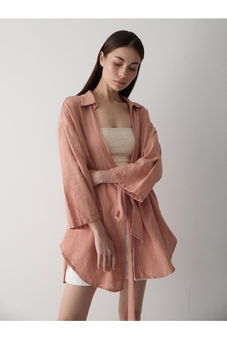 Somon Flam Keten Kimono Gömlek Somon