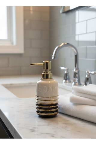 Lumina Gold Lüks Porselen Sıvı Sabunluk - Altın Çizgili Banyo Aksesuarı Siyah