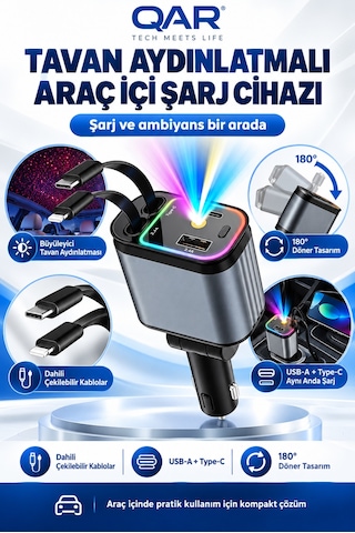 4 Ü 1 Arada Araç Şarj Aleti Type-c Ve Lightning Kablolu Hızlı Şarj Çakmaklık Adaptörü