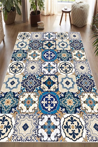 Dijital Baskılı Renkli Çini Desenli Kaymaz Taban Yıkanabilir Halı Çok Renkli