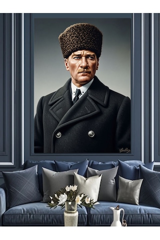 Siyah Kalpaklı Atatürk Portresi Dekoratif Kanvas - Mdf Ahşap Tablo