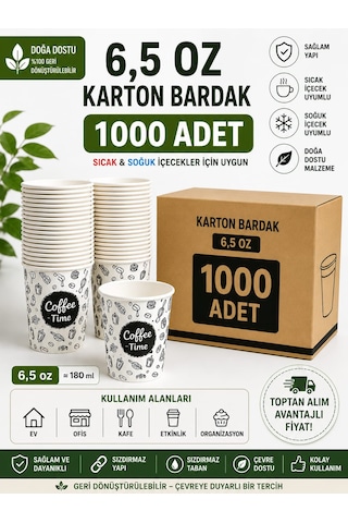 6,5 Oz Karton Bardak 1000 Adet Sıcak & Soğuk İçecek Uyumlu Tek Kullanımlık Dayanıklı Kağıt Bardak