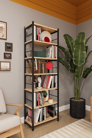 Asra Trend 6 Raflı Metal Kitaplık METALK01 %100 MDF Tek Modül Modern Kütüphane Safir Meşe
