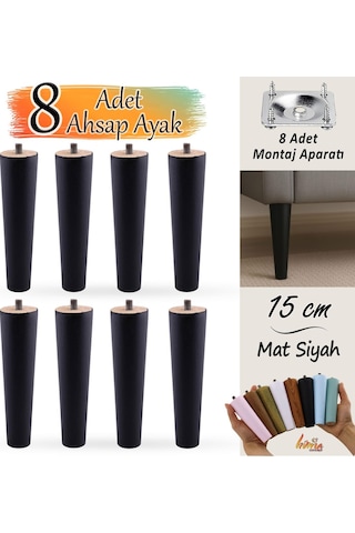 8 Adet Ahşap Ayak 15 Cm Siyah M8 Civatalı Bağlantı Aparatlı Dolap Mobilya Koltuk Kanepe Destek Ayağı Ayakları Siyah