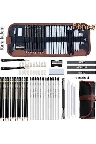 Kara Kalem Çizim Seti, Eskiz Kalem Seti, Dereceli Kalem Set, Tonlama-rulo Kalemlikli-tam Set 56parça