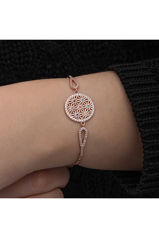Blackcraft Gümüş Rose Renkli Yaşam Çiçeği Kadın Bileklik Bc-1293ed Renkli