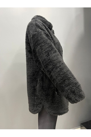 Kadın Siyah Peluş Rüzgar Geçirmez Welsoft Çift Cepli Kışlık Mont Siyah