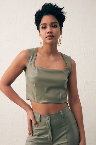 Sateen Kare Yaka Deri Crop Bluz - Çağla Yeşili