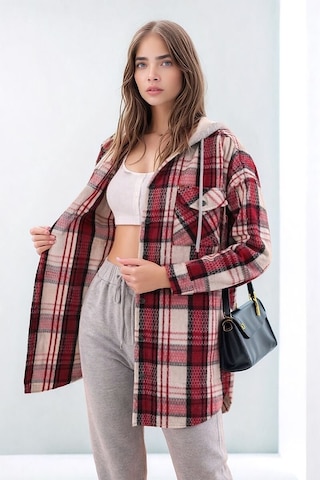 Mamayaga Kadın Desen Bloklu Oduncu Oversize Geniş Kalıp Casual Cepli Kapüşonlu Uzun Boy Ceket Gömlek Kırmızı