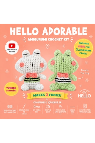 Bakgelal Hello Adorable Amigurumi Kurbağa Yapım Kiti , Kendin Yap Hobi Seti, Türkçe Anlatımlı