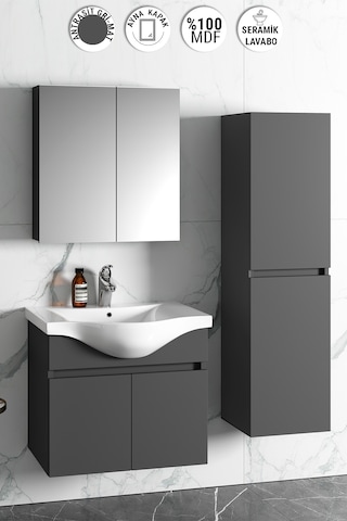 Yıldız 65+35 Cm Antrasit Gri Mdf Sepetli Asma Banyo Dolabı Takımı Antrasit - Gri