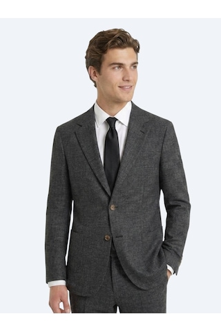 Kip Siyah Desenli Modern Fit Keten Karışımlı Takım Elbise
