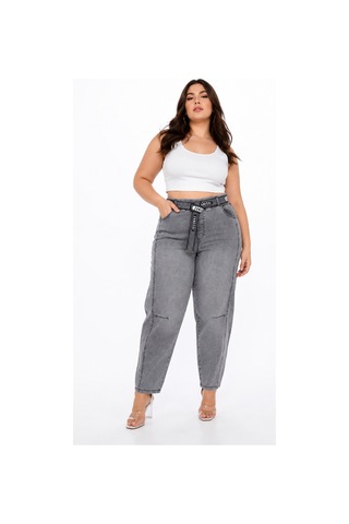 Zanessi Fashıon Büyük Beden Denim Kemerli Yüksek Bel Mom Kadın Pantolon Siyah